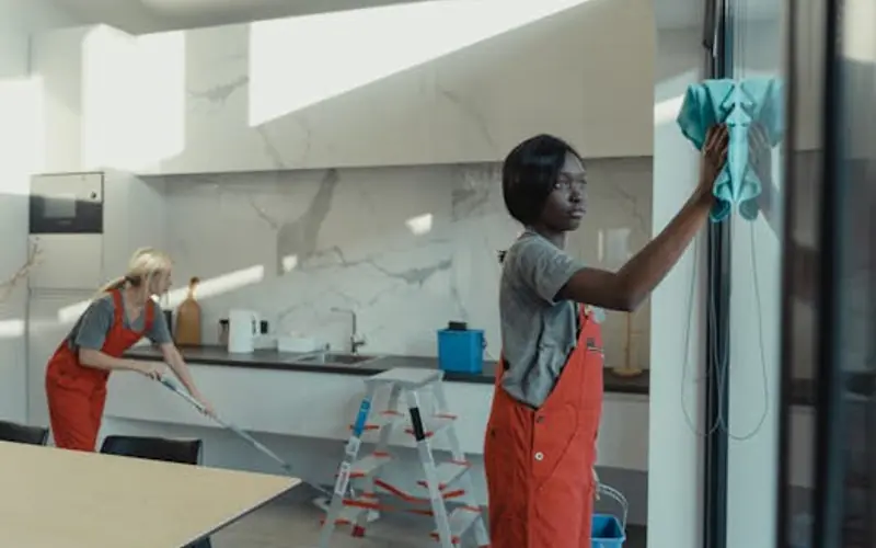 Deep cleaning service in progress — kitchen surfaces being sanitised